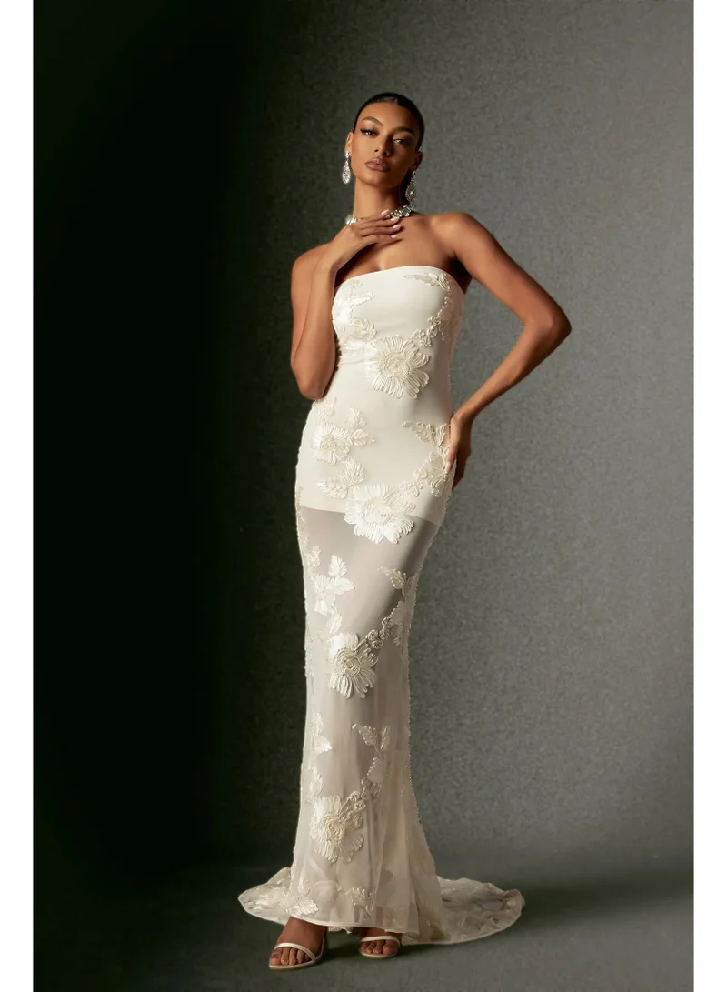 Bella Barnett  Deliyn Strapless Embroidery Flower Mesh Maxi Dress for Women | Best Price UAE