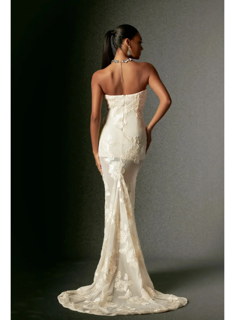 Bella Barnett  Deliyn Strapless Embroidery Flower Mesh Maxi Dress for Women | Best Price UAE