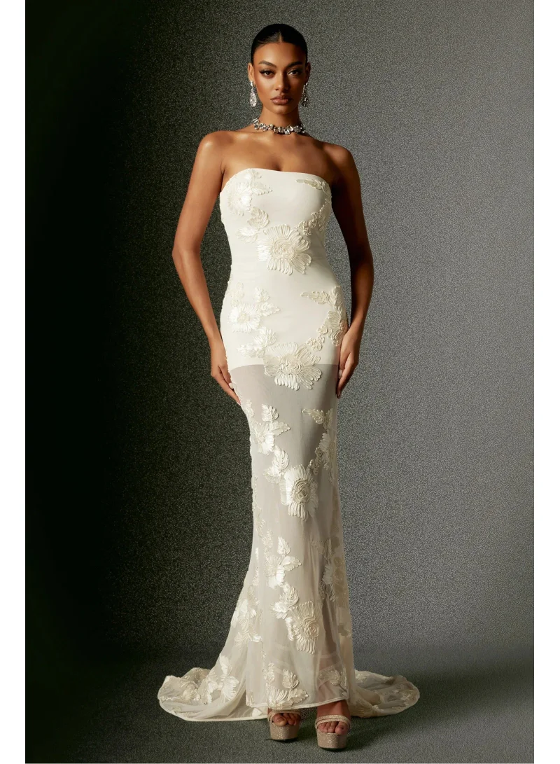 Deliyn Strapless Embroidery Flower Mesh Maxi Dress