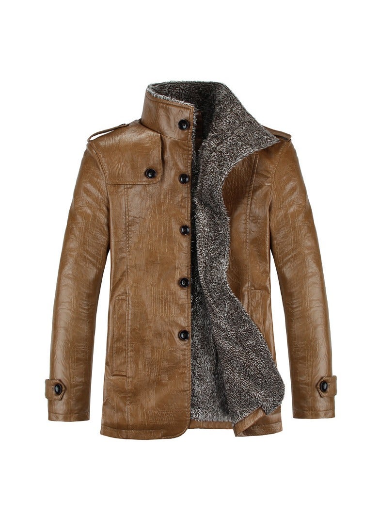 Men's Winter Lapel Leather Jacket Khaki