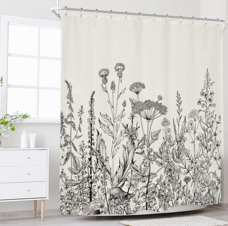 Riyidecor Wild Floral Shower Curtain Botanical Herbs Tulip Plant Nature Blossom Flower Leaf Sketch Gross Waterproof Fabric 60Wx72H Inch Polyester Bathroom Bathtub Decoration 12 Pack Plastic Hooks - Image 2