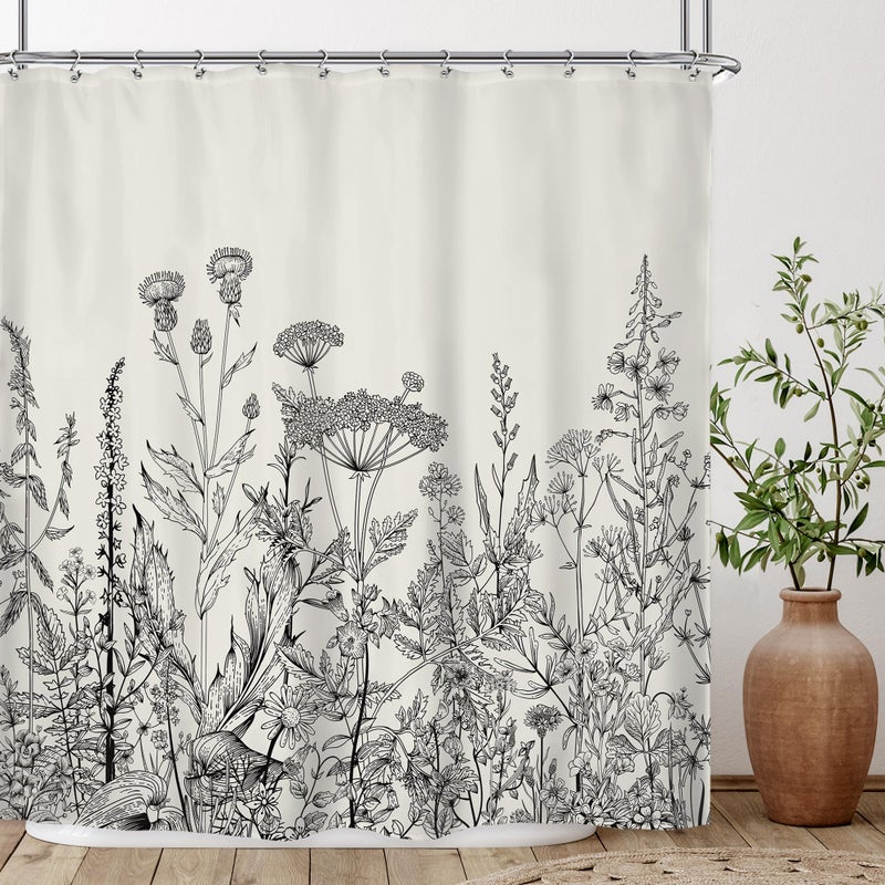 Riyidecor Wild Floral Shower Curtain Botanical Herbs Tulip Plant Nature Blossom Flower Leaf Sketch Gross Waterproof Fabric 60Wx72H Inch Polyester Bathroom Bathtub Decoration 12 Pack Plastic Hooks - Image 1