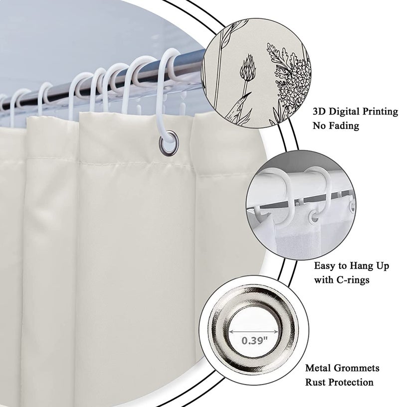 Riyidecor Wild Floral Shower Curtain Botanical Herbs Tulip Plant Nature Blossom Flower Leaf Sketch Gross Waterproof Fabric 60Wx72H Inch Polyester Bathroom Bathtub Decoration 12 Pack Plastic Hooks - Image 3