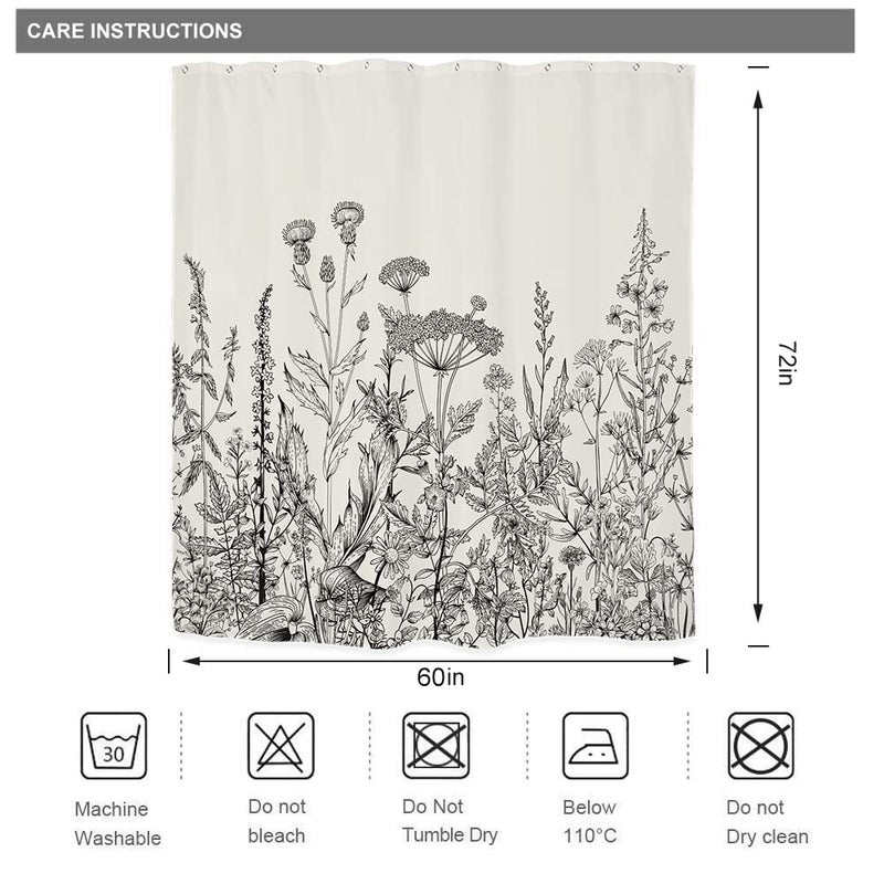 Riyidecor Wild Floral Shower Curtain Botanical Herbs Tulip Plant Nature Blossom Flower Leaf Sketch Gross Waterproof Fabric 60Wx72H Inch Polyester Bathroom Bathtub Decoration 12 Pack Plastic Hooks - Image 5