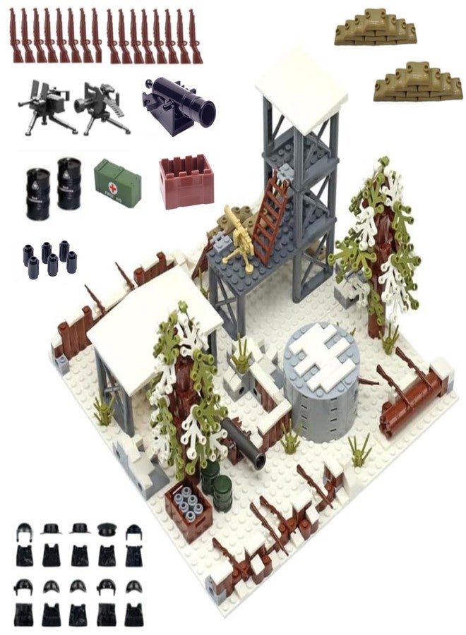 ELEFOCUS WW2 Military Base Building Set,4-in-1 Snow Scene Bunker & Trench,Custom Army Weapons & Miniguns,Witch 10 Soldier Figures(427PCS+) - Image 1