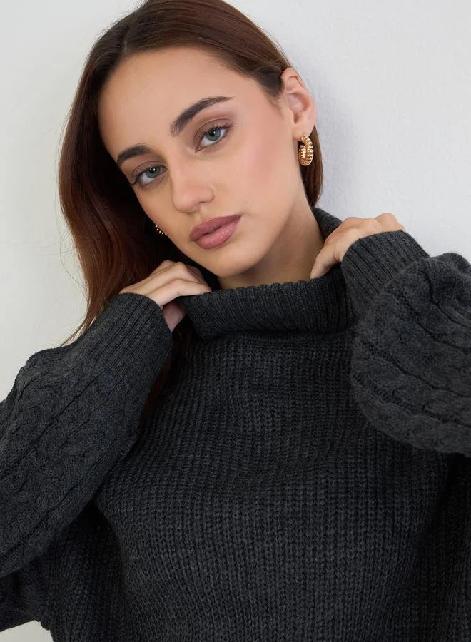 Styli Charcoal Longline Chunky Knit Sweater