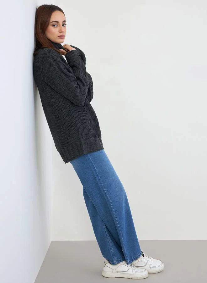 ستايلي سويتر طويلة محاكة سميكة بلون فحمي