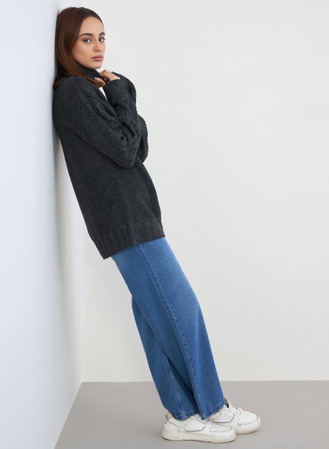 Styli Charcoal Longline Chunky Knit Sweater - Image 2