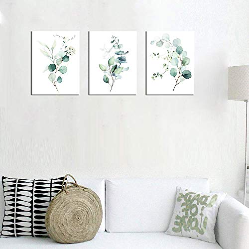 NINEASO Green Leaf Wall Art - Eucalyptus Canvas Pictures, Watercolor Modern Bohemia Botanical Artwork, Contemporary Minimalism Canvas Art Prints for Bedroom Living Room Wall Decor, 12" x - Image 2