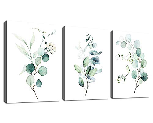 NINEASO Green Leaf Wall Art - Eucalyptus Canvas Pictures, Watercolor Modern Bohemia Botanical Artwork, Contemporary Minimalism Canvas Art Prints for Bedroom Living Room Wall Decor, 12" x - Image 1