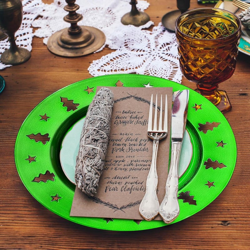 Kazozobi Green Christmas Tree Charger Plates  13 Reusable Openwork Holidays Party Decorations Round Chargers for Dinner Plate  Elegant Table Setting Centerpieces 6 Pack - Image 2