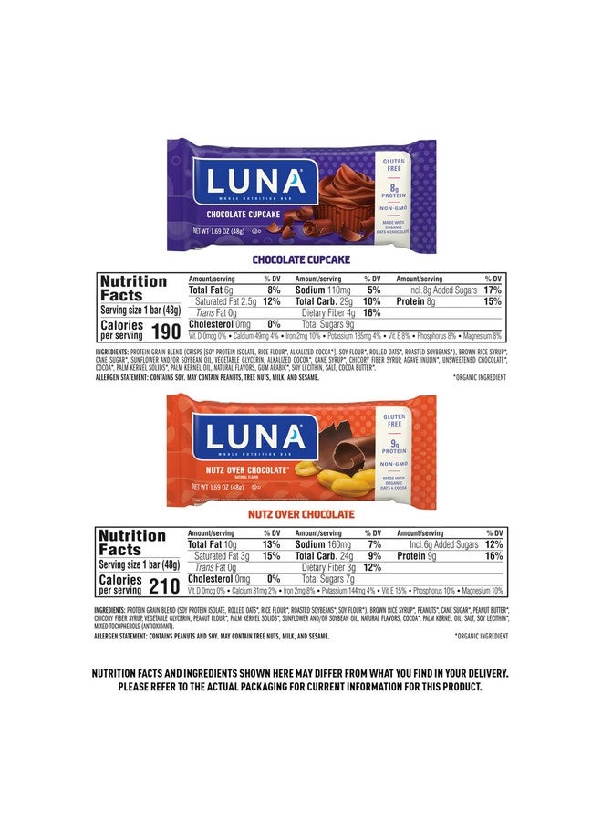 LUNA Bar - Variety Pack - Nutz Over Chocolate and Chocolate Cupcake Flavor - Snack Bars - Non-GMO - Gluten-Free Protein Bars - Made with Organic Oats (12 Pack, 2 Boxes) - Image 5