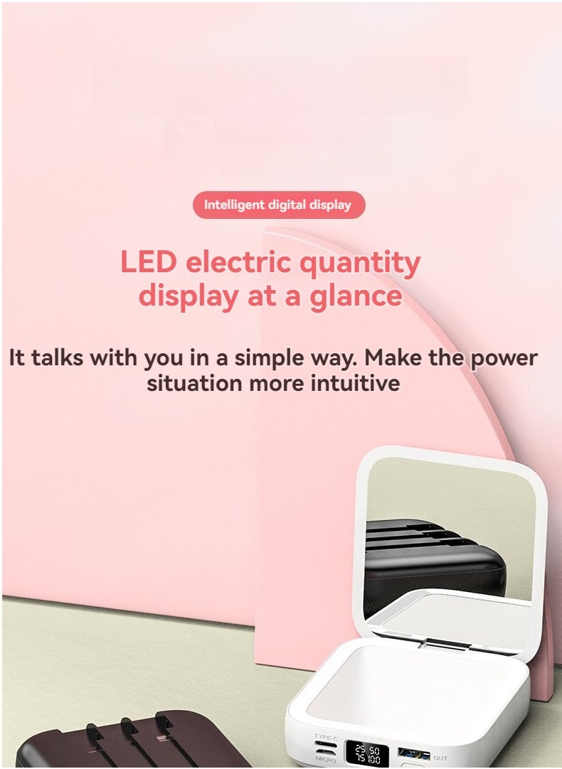 Digital display power bank with built-in beauty mirror and built-in charging cable 10000mAh large capacity mini creative student mobile power supply (white)