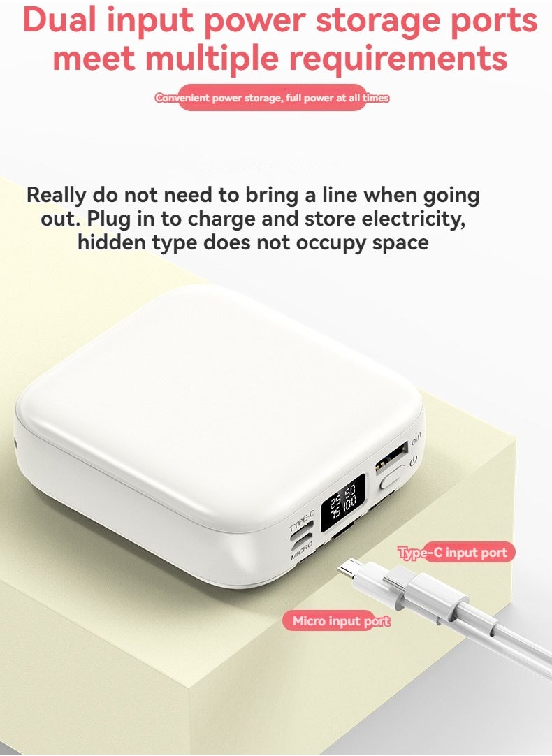 Digital display power bank with built-in beauty mirror and built-in charging cable 10000mAh large capacity mini creative student mobile power supply (white)