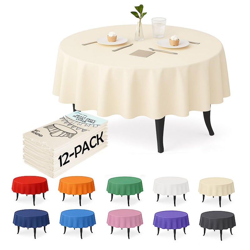 Craft And Party 12-Pack Ivory Plastic Tablecloths â€“ 84 Inch Round Disposable Table Covers, Heavy Duty & Waterproof for Parties, Events, Banquets, Ivory - Image 1