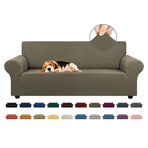 KEKUOU Stretch Sofa Cover Slipcover ，Couch Covers for 3 Cushion Couch Sofa pet Friendly (78"-94") Furniture Protector Sofa with Elastic Bottom for Kids,Dog, Jacquard Small Checked(Large,Khaki) - Image 1