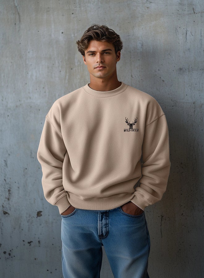 trendyol Beige Oversize/Wide Cut Long Sleeve Animal Embroidered Sweatshirt - Image 1