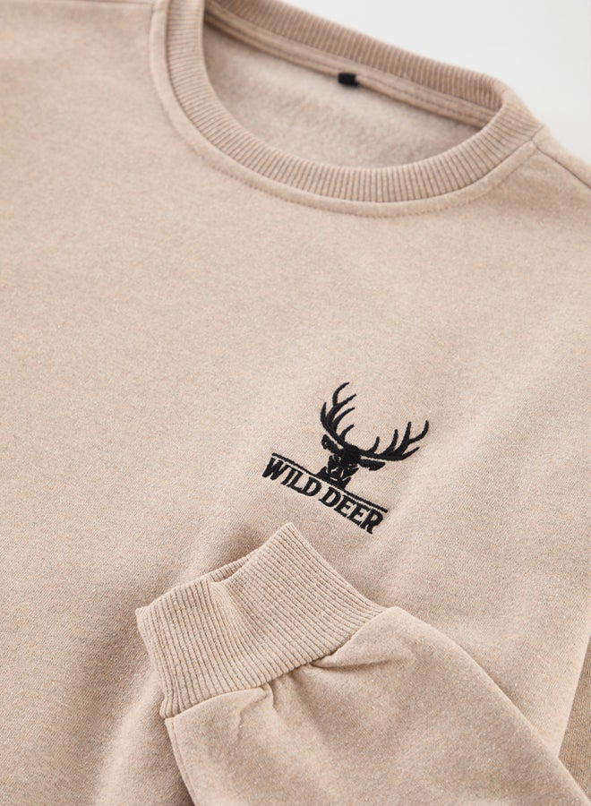 trendyol Beige Oversize/Wide Cut Long Sleeve Animal Embroidered Sweatshirt - Image 3