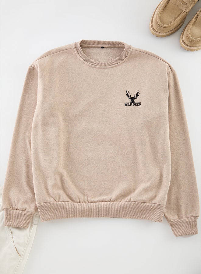 trendyol Beige Oversize/Wide Cut Long Sleeve Animal Embroidered Sweatshirt - Image 2