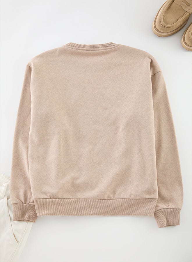 trendyol Beige Oversize/Wide Cut Long Sleeve Animal Embroidered Sweatshirt - Image 4