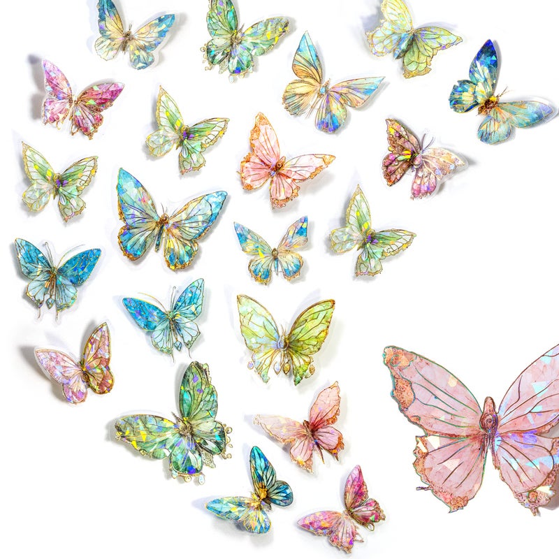 Aromoty Butterfly Stickers Set Ice Crystals Holographic Shiny Transparent Resin Waterproof Stickers Decals 80 Pieces with 4 Themes for Scrapbooking Supplies Junk Bullet Journals Daily Planner Laptop