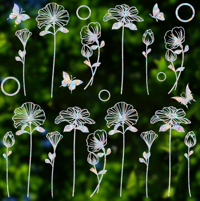 25 REUSABLE VINYL RAINBOW DECALS FOR BIRD STRIKE PREVENTION BUTTERFLY FLOWER RING DECALS TO SAVE BIRDS FROM WINDOW COLLISIONS