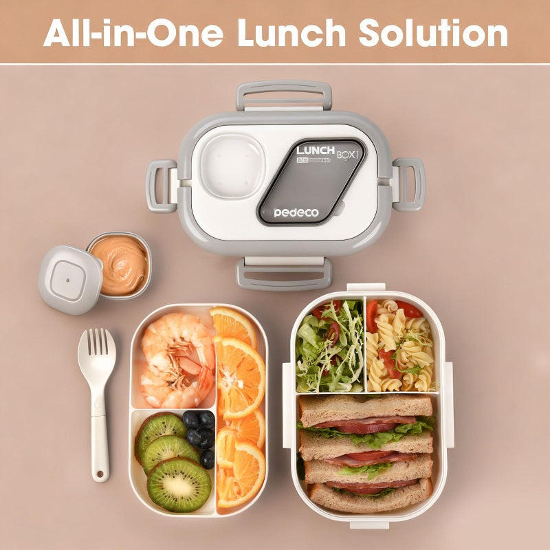 PEDECO All-in-one Bento Lunch Box Set for Adults & Kids with Insulated Bag, Leakproof 3-Compartment and 2-Tier Stackable Container with Portable Sauce Pod, Microwave/Dishwasher Safe, BPA-Free (White) - Image 5