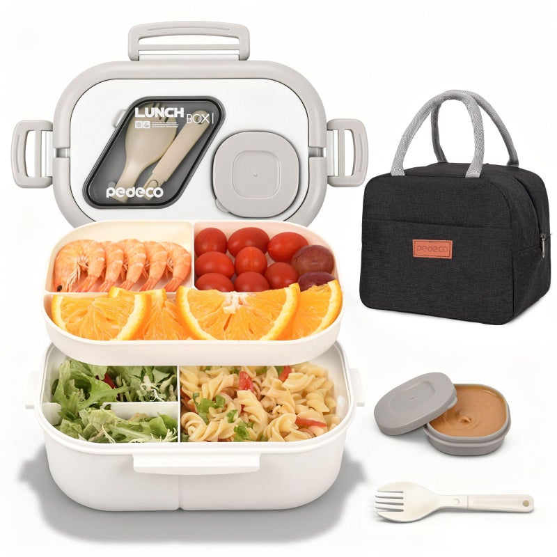 PEDECO All-in-one Bento Lunch Box Set for Adults & Kids with Insulated Bag, Leakproof 3-Compartment and 2-Tier Stackable Container with Portable Sauce Pod, Microwave/Dishwasher Safe, BPA-Free (White) - Image 1