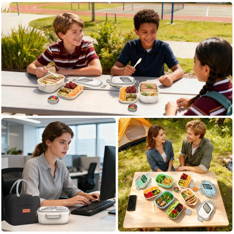 PEDECO All-in-one Bento Lunch Box Set for Adults & Kids with Insulated Bag, Leakproof 3-Compartment and 2-Tier Stackable Container with Portable Sauce Pod, Microwave/Dishwasher Safe, BPA-Free (White) - Image 4