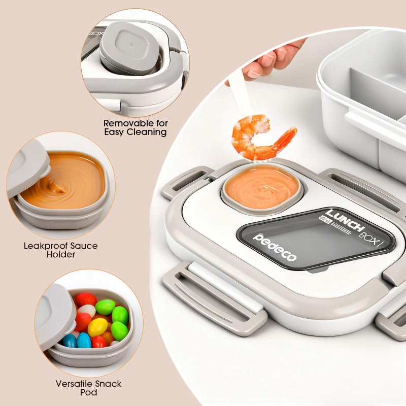 PEDECO All-in-one Bento Lunch Box Set for Adults & Kids with Insulated Bag, Leakproof 3-Compartment and 2-Tier Stackable Container with Portable Sauce Pod, Microwave/Dishwasher Safe, BPA-Free (White) - Image 2
