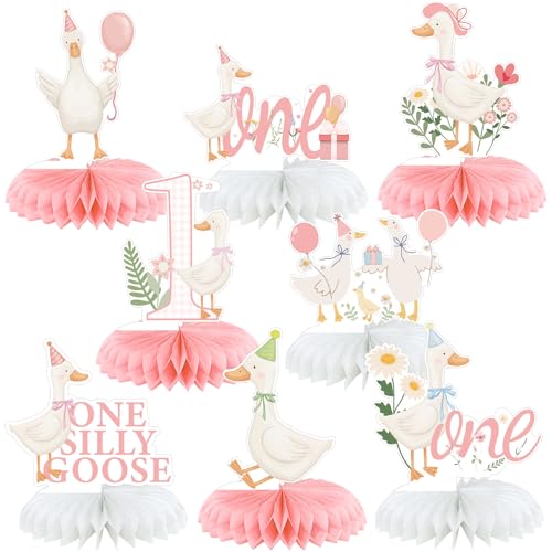 Weekgrat 8 Pcs One Silly Goose Birthday Decorations Silly Goose Birthday Honeycomb Centerpieces Pink 1st Party Supplies for Women Pink Bow Duck Funny Party Supplies - Image 1