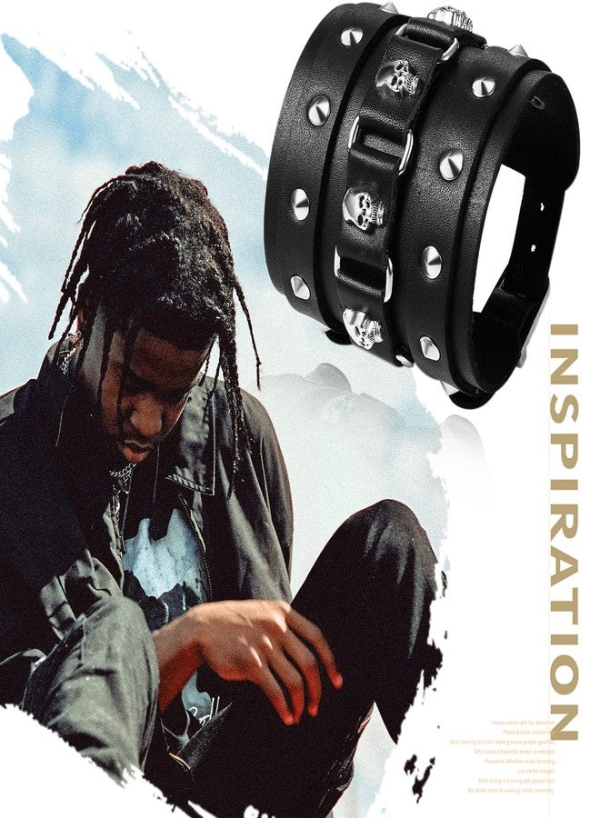 Aroncent Skull Leather Cuff Bracelet: Metal Rivet Wide Wristband Punk Rock Bike Style Adjustable - Gothic Biker Wrap Bracelet for Men - Black - Image 5