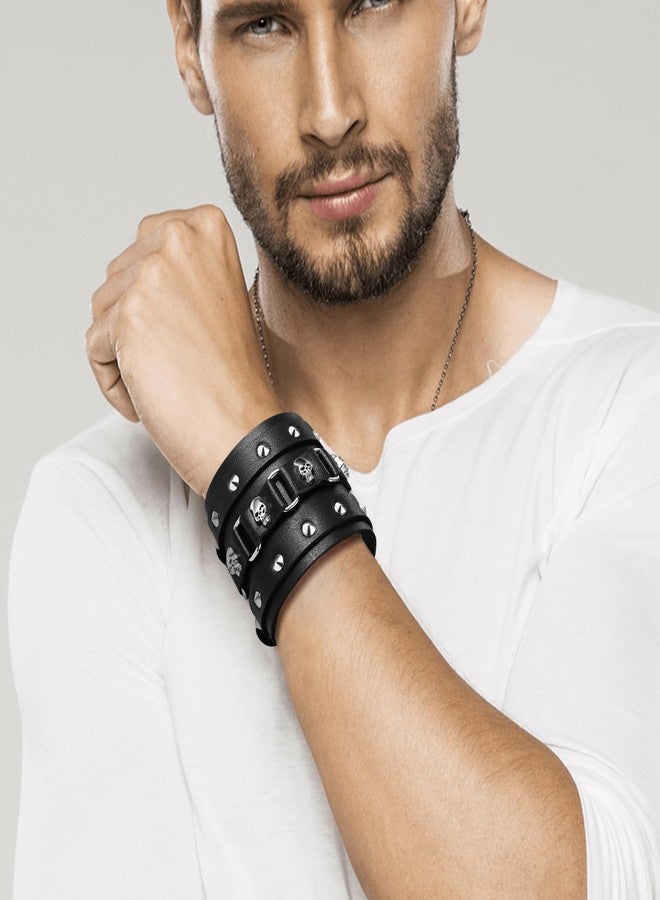 Aroncent Skull Leather Cuff Bracelet: Metal Rivet Wide Wristband Punk Rock Bike Style Adjustable - Gothic Biker Wrap Bracelet for Men - Black - Image 3