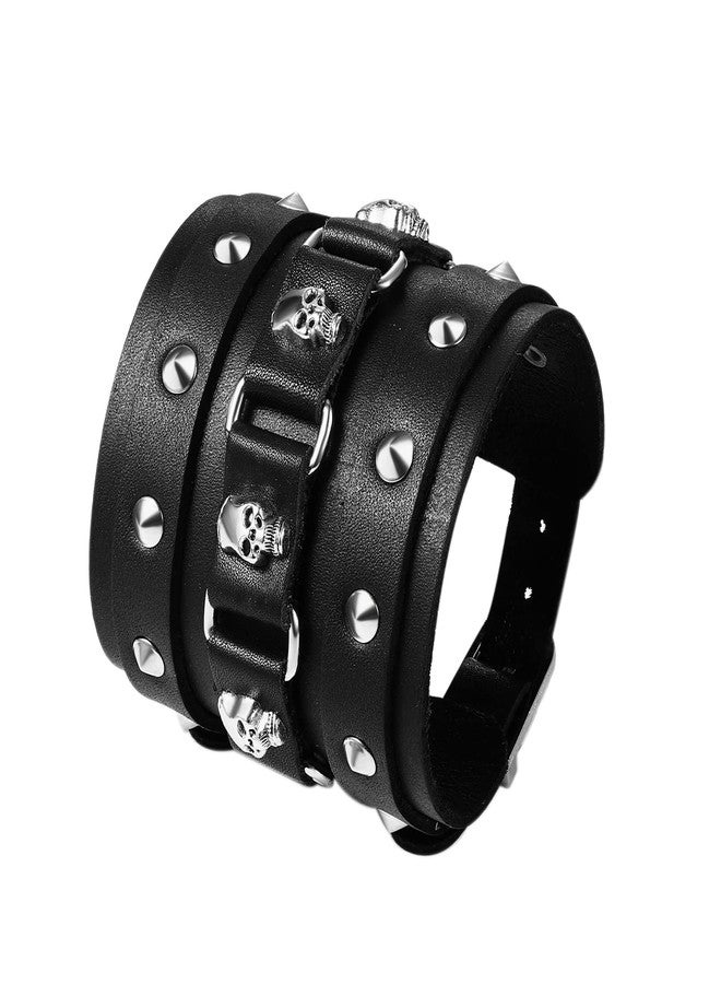 Aroncent Skull Leather Cuff Bracelet: Metal Rivet Wide Wristband Punk Rock Bike Style Adjustable - Gothic Biker Wrap Bracelet for Men - Black - Image 2