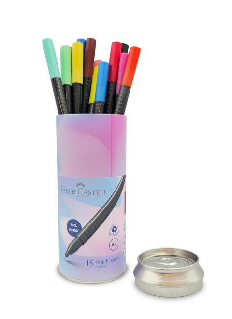 Faber-Castell Grip Fine Pen 0.4Mm 15 Color In A Round Tin, Brilliant colours,Washes out of most fabrics,Suitable for right- and left-handers