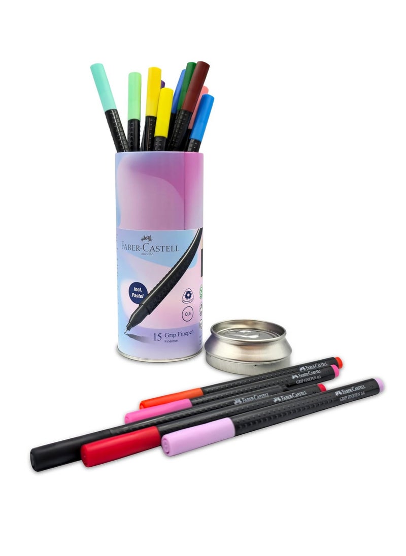 Faber-Castell Grip Fine Pen 0.4Mm 15 Color In A Round Tin, Brilliant colours,Washes out of most fabrics,Suitable for right- and left-handers
