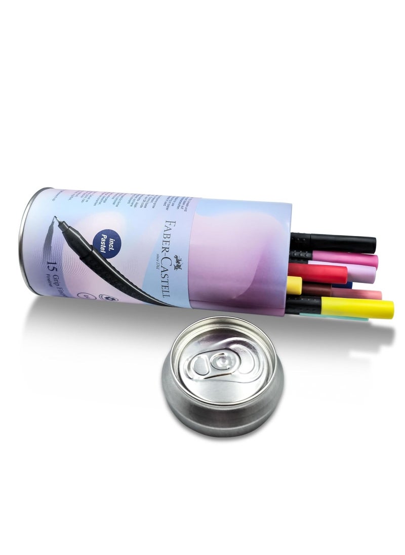 Faber-Castell Grip Fine Pen 0.4Mm 15 Color In A Round Tin, Brilliant colours,Washes out of most fabrics,Suitable for right- and left-handers