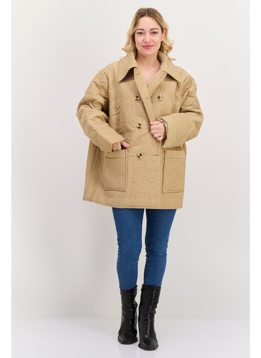 Fashion Union - Women Plus Size Allover Print Parka Jacket, Tan - Image 1