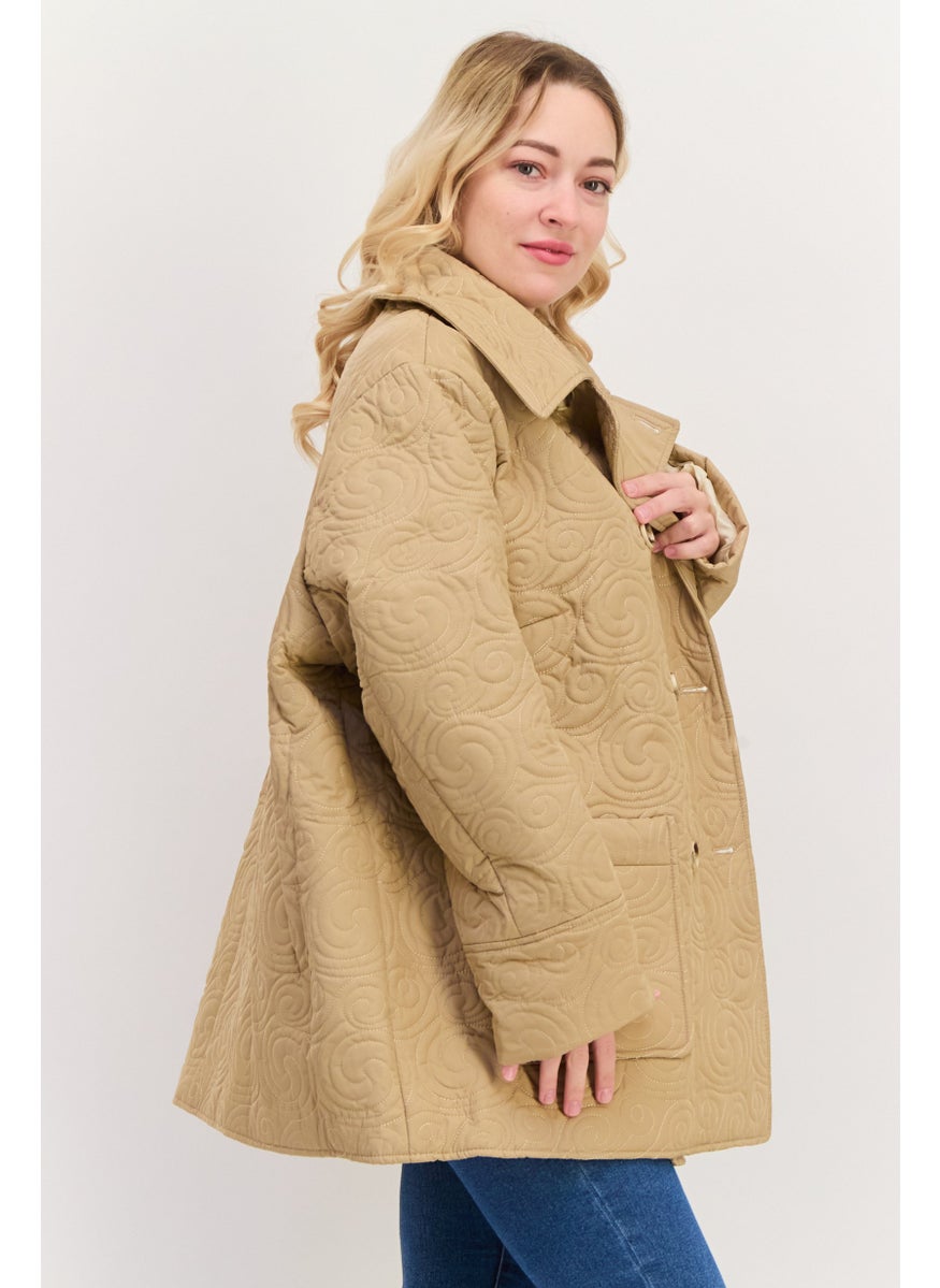 Fashion Union - Women Plus Size Allover Print Parka Jacket, Tan - Image 1