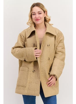 Women Plus Size Allover Print Parka Jacket, Tan