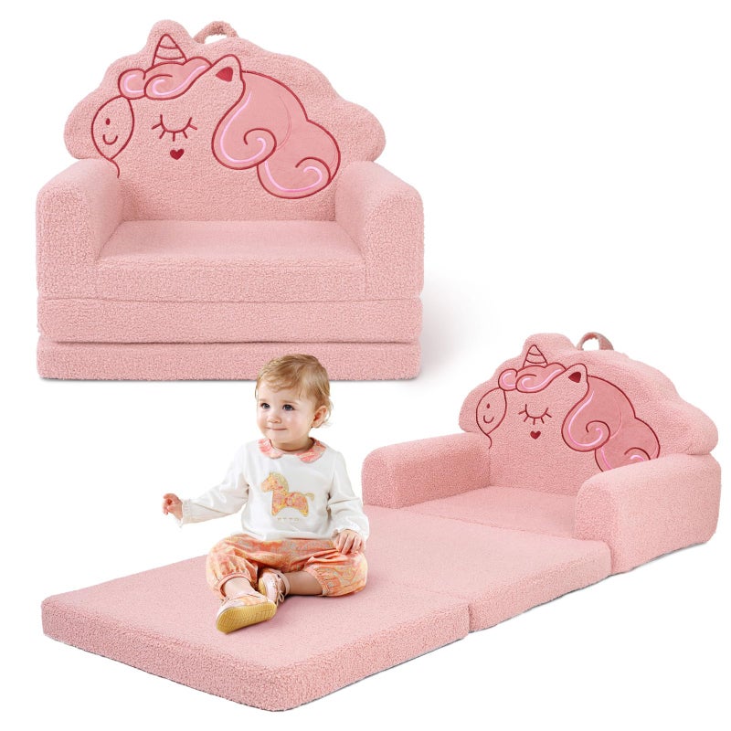 TinyPalsa Kids Couch Convertible Sofa to Lounger Fold Out Pink Magical Pony Design Chair for Toddlers 13 Gift for Birthday Movie Night
