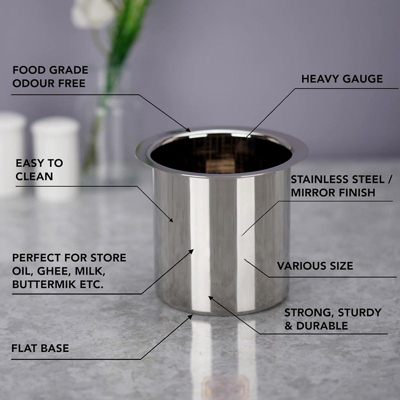 IDEAL PRIME IDEAL PRIME Heavy Duty Stainless Steel Long Ganj Set (3 Pieces) Induction Base Stackable Milk Pot Channch Lota Tapeli Patila Kitchen Container Set of 3 (400ml, 550ml,750ml) Silver Pack of 3  - Image 3