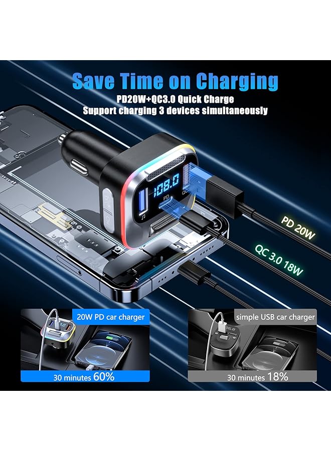 Lencent Bluetooth 5.0 Car Fm Transmitter, Pd+Qc3.0 Car Charger,Aux Bluetooth Radio Music Adapter, Wireless Big Microphone&Hifi Bass Sound Cigarette Lighter, Supports Hands-Free Siri Assistant - Image 3