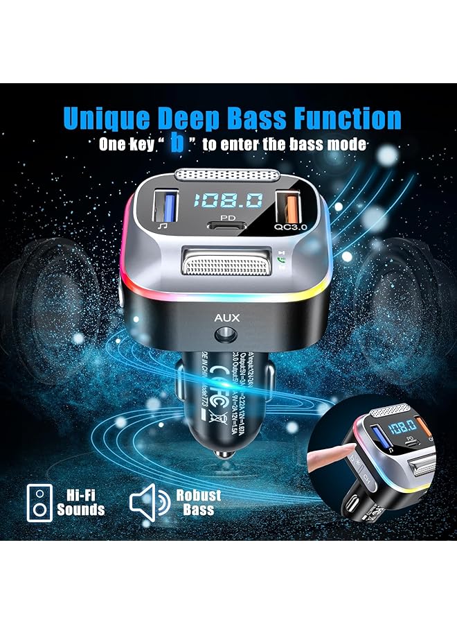 Lencent Bluetooth 5.0 Car Fm Transmitter, Pd+Qc3.0 Car Charger,Aux Bluetooth Radio Music Adapter, Wireless Big Microphone&Hifi Bass Sound Cigarette Lighter, Supports Hands-Free Siri Assistant - Image 2
