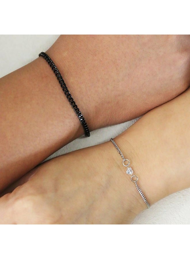 ANGLEQUEEN Promise Couple Bracelets for Women Men Permanent Bracelets for Couples Soulmate Distance Relationship Bracelet Stainless steel Matching Bracelets Locked Bracelet Heart Rhinestone Gold Silver Cuban - Image 2