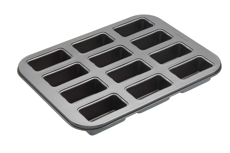 MasterClass Mini Loaf Tin with Loose Bases and PTFE PFOA and BPA Free Non Stick 12 Holes Robust 1 mm Carbon Steel 27 x 355cm 105 x 14 Grey