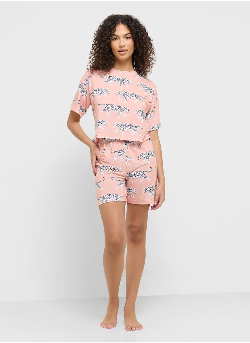 Ginger Cotton Leopard Print T-Shirt & Short Pj Set