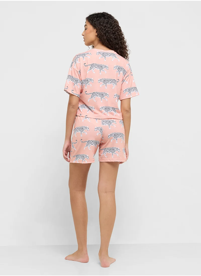 Ginger Cotton Leopard Print T-Shirt & Short Pj Set