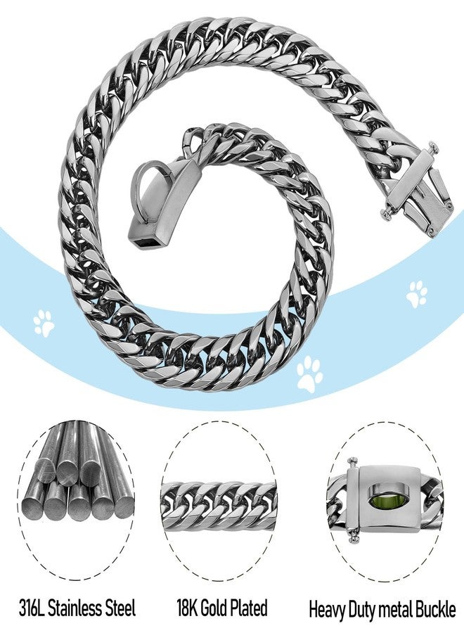 BAOBOTE Silver Chain Dog Collar,16MM 18K Heavy Duty Cuban Link Collar with Secure Snap Buckle Dog Chain Metal Collar Chew Proof for Dogs(24" Silver) - Image 3