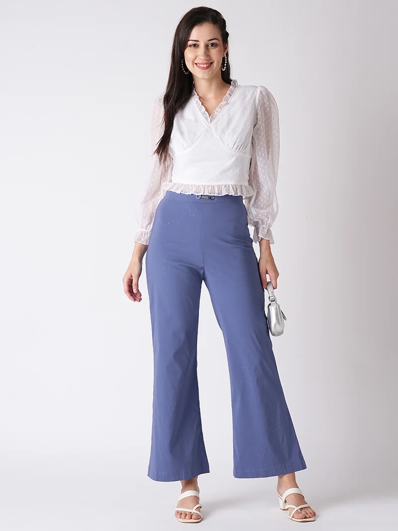 globus Women Blue Flared Mid-Rise Bootcut Trousers